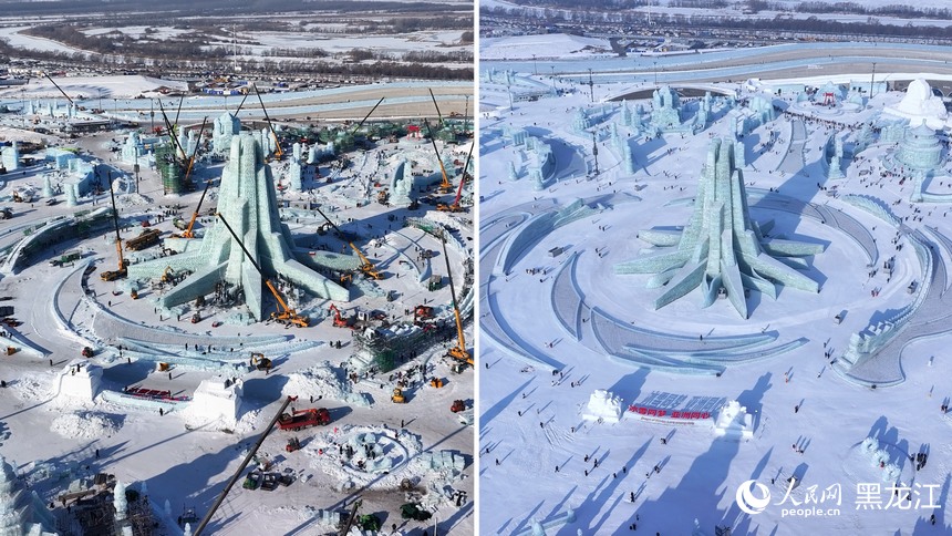 冰雪大世界主塔施工與建成對比。